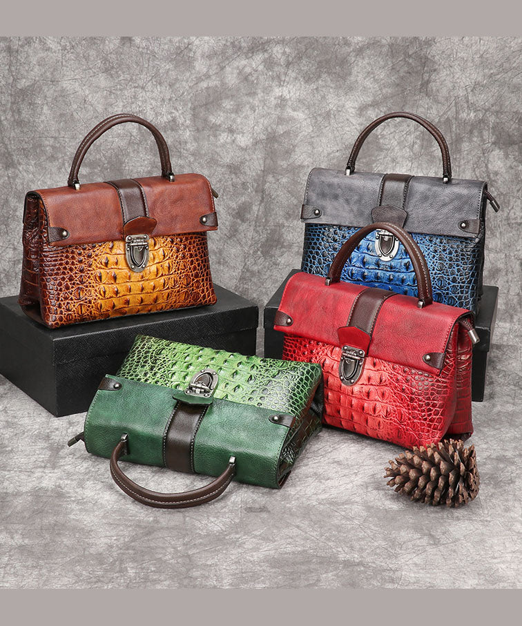 Art Yellow Crocodile pattern Paintings Calf Leather Satchel Handbag