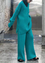 Autumn and winter suit 2025 new women's fashion knitted wide leg pants blue green two piece