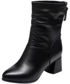 Beautiful Black High Heel Genuine Leather Splicing Ankle Boots