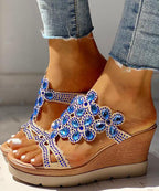 Blue Gemstone High Wedge Heels Faux Leather 2025 Peep Toe Slide Sandals