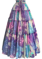 Bohemian Purple Drawstring Wrinkled Patchwork Print Chiffon Skirt Summer