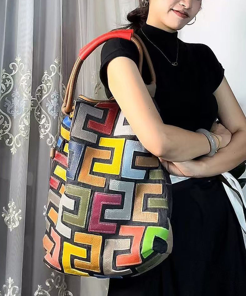 Boutique Colorblock Calf Leather Large Capacity Satchel Handbag