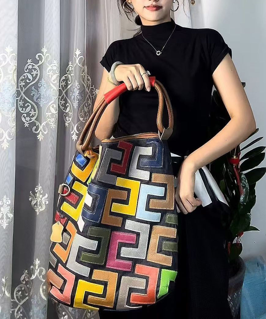 Boutique Colorblock Calf Leather Large Capacity Satchel Handbag