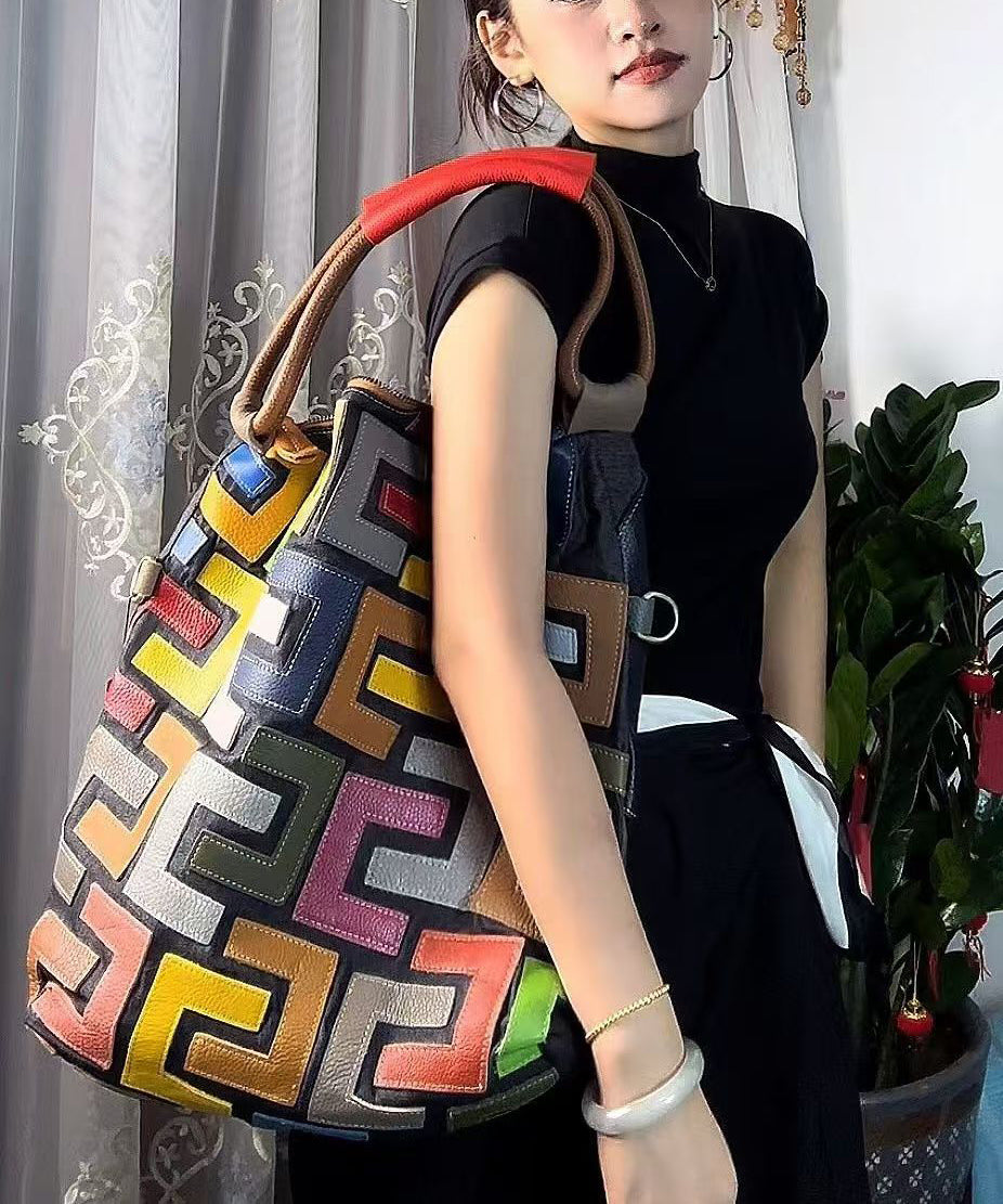 Boutique Colorblock Calf Leather Large Capacity Satchel Handbag