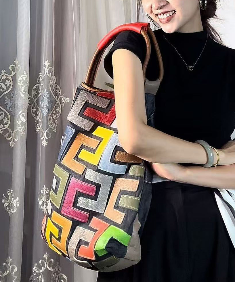 Boutique Colorblock Calf Leather Large Capacity Satchel Handbag