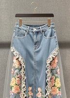 Boutique Light Blue Tulle Patchwork Flower Denim Skirts Fall
