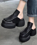 Brown Retro Splicing Cowhide Leather Platform Slide Sandals