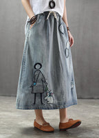 Casual Light Blue Elastic Waist Patchwork Cartoon Embroideried Tulle Denim Skirts Spring