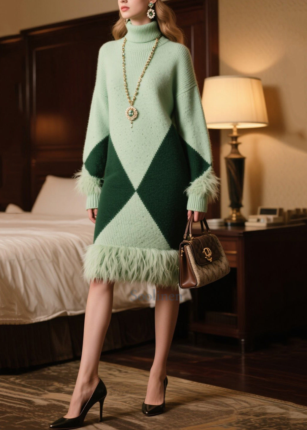 Classy Lake Green Turtle Neck Patchwork Faux Fur Knitted Dress Winter