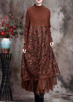Chocolate O-Neck Embroideried Patchwork Fall Long Knit Dress