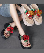 Comfortable Splicing Floral Platform Flip Flops Black Faux Leather