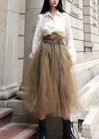 Comfy Khaki tie waist Patchwork Tulle Skirt Summer