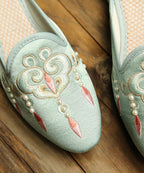 Comfy Light Green Embroideried Pearl Cotton Fabric Slide Sandals