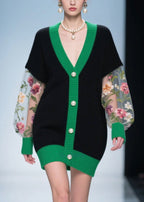 Elegant Black Print Patchwork Tulle Knitwear Dress Fall