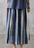 Elegant Navy Retro Striped A Line Summer Skirts Linen