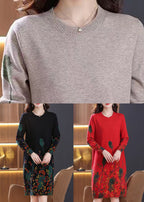 Elegant Red O Neck Print Knit Sweater Dress Spring