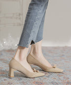 Elegant Wine Red Suede Bow Splicing Chunky Heel