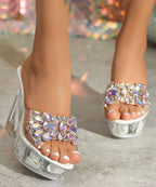 European And American Style Pink Wedge Heels Slide Sandals Zircon