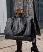 Fashion Black Chain Linked Patchwork Faux Leather Tote Handbag