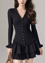 French Black Ruffled Patchwork Button Knit Mid Dress Petal Sleeve