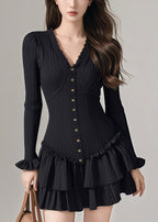 French Black Ruffled Patchwork Button Knit Mid Dress Petal Sleeve