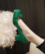 French Green Faux Leather Sequined Splicing Chunky High Heels
