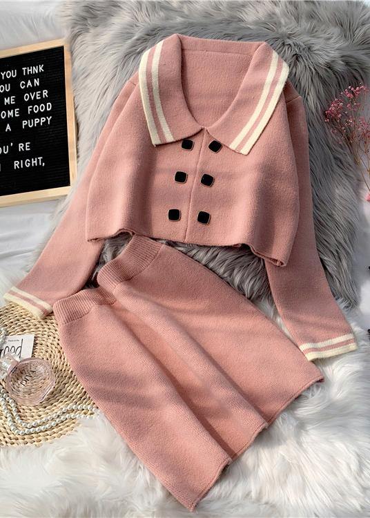 French Pink Knitted suit women's new short sweater Pullover skirt two piece set in early autumn 2025