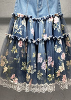 French Ruffled Patchwork Print Tulle Denim Skirt Fall
