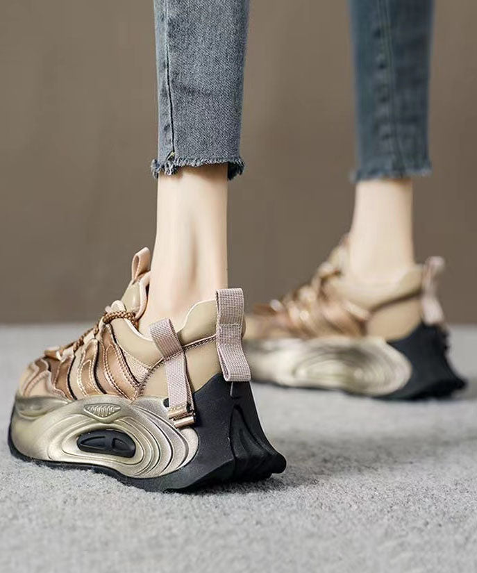 Gold Flat Shoes For Platform Genuine Leather 2025 Splicing Cross Strap
