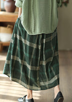 Green Pockets Plaid Print Linen Skirt Elastic Waist Spring