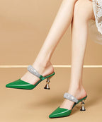 Green Stiletto Cowhide Leather Fitted Pointed Toe High Heel Slippers