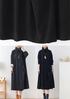 Handmade Black Loose Turtleneck Fall Cotton Dress Long sleeve