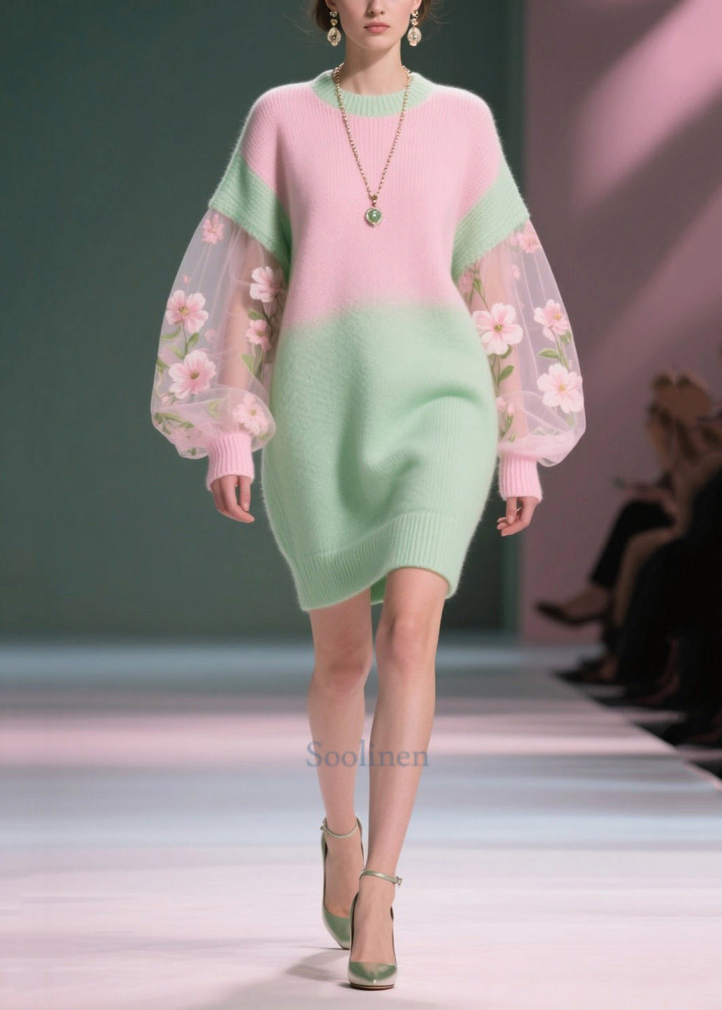 Handmade Colorblock Flower Patchwork Tulle Sweater Dress Winter