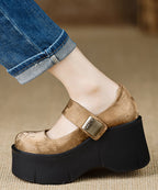 Handmade Vintage Buckle Strap Splicing Wedge High Heels Black Silk