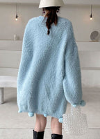 Italian Blue O-Neck Mink Hair Knitted Dress Winter