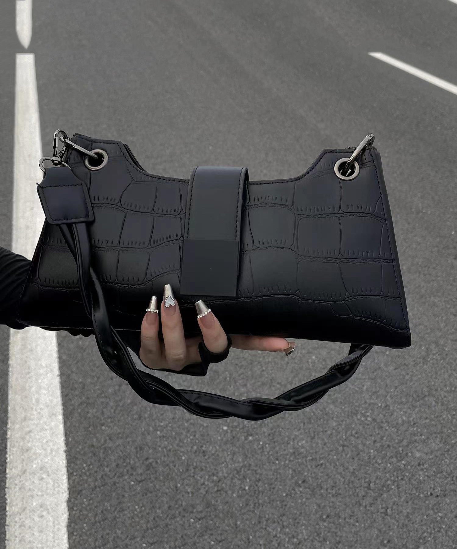 Modern Black Faux Leather Satchel Bag Handbag