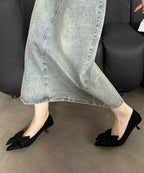 Mulberry Kitten Heels Suede 2025 Splicing Bow Pointed Toe