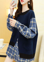 Natural Navy Plaid Patchwork Fall Knit Sweater