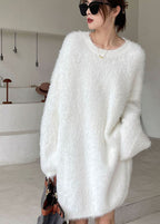 Organic White V Neck Mink Hair Knitted Sweater Dress Winter
