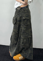 Original Design Camouflage Pockets Denim Maxi Skirts Spring
