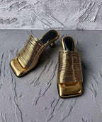 Original Design Gold Chunky Heel Slide Sandals Peep Toe