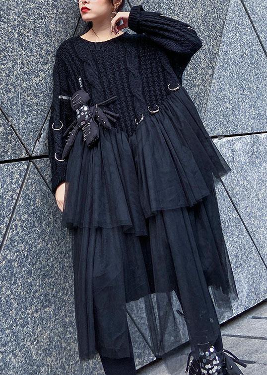 Oversized black Sweater Vintage o neck Three-dimensional decoration Big spring sweater dresses
