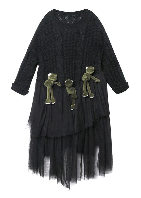 Oversized black Sweater Vintage o neck Three-dimensional decoration Big spring sweater dresses