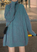 Plus Size Blue Hign Neck Patchwork Cable Knit Sweater Dress Winter