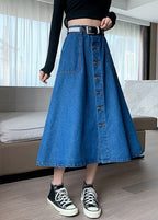 Plus Size Navy Elastic Waist Button Exra Large Hem Cotton Denim Skirt Summer