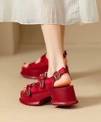 Red Platform Faux Leather Chic Buckle Strap Splicing Sandals