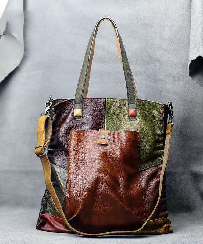 Retro Handmade Contrasting Color Large Capacity Cowhide Single Satchel Bag Handbag