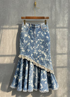 Silm Fit Blue Print Patchwork Denim Wraped Skirt Fall