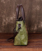Simple Green Floral Paitings Calf Leather Tote Handbag