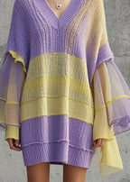 Simple Purple V Neck Patchwork Tulle Sweater Dress Fall